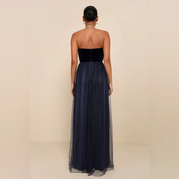 Perfectly Dramatic Navy Velvet Tulle Strapless Bow Maxi Dress - Picture 2 of 3
